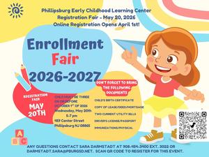 Information on registration fair on white background with pastel colors in english