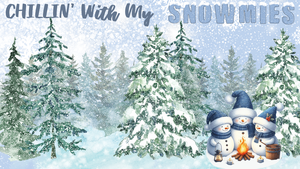 christmas scene with trees, snow and snowmen