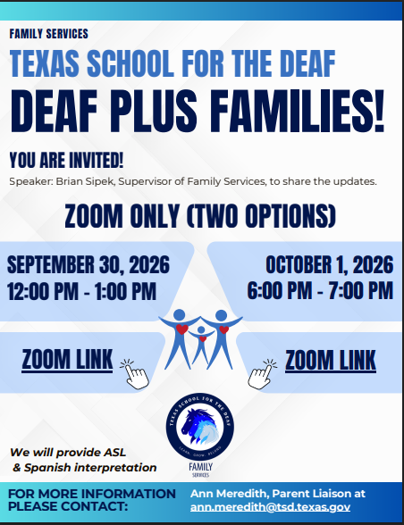 Deaf Plus Meeting flyer with three stick figures wearing a red heart and family services logo.