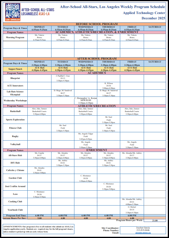 calendar of events for all stars program