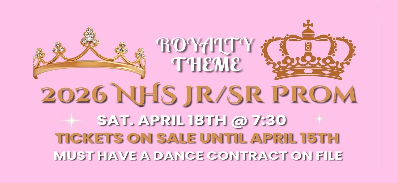 Prom announcement with a royal theme featuring two crowns and event details.
