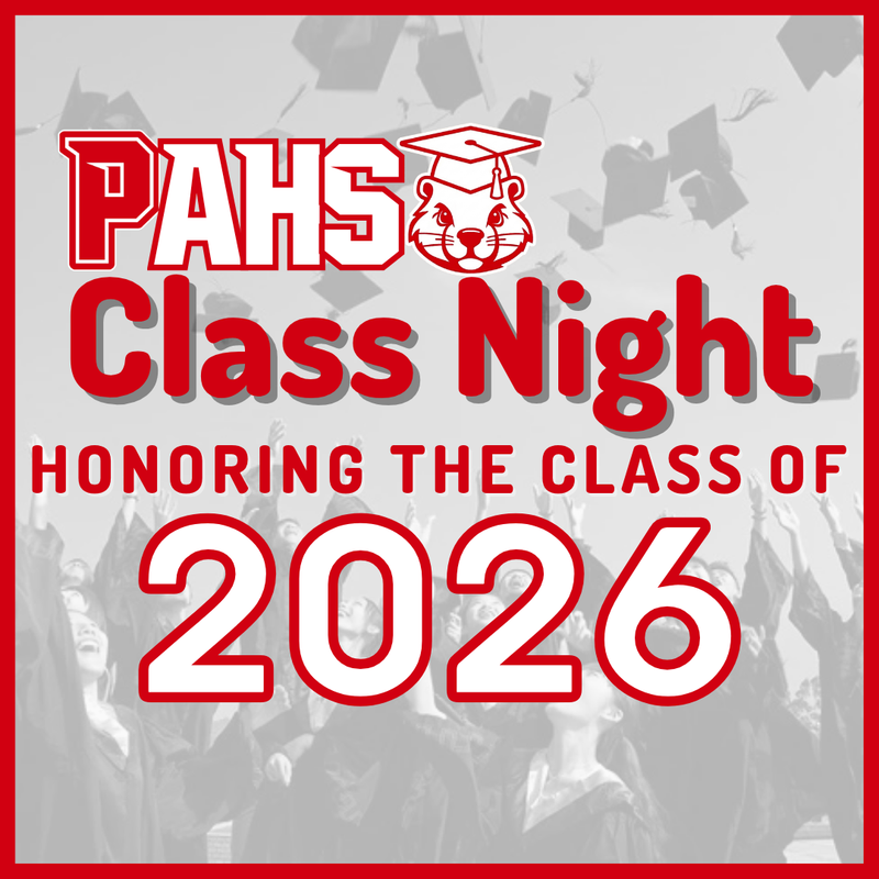 graduates throwing caps in the background with red and white Class Night text in the foreground
