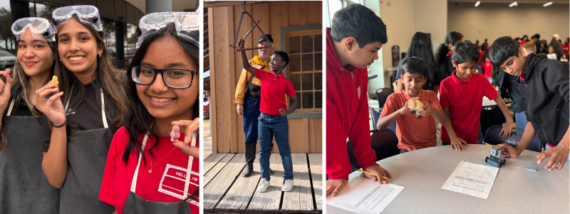 Students hold up jelly baby candy for an experiment, a student rings a triangle at a field trip, and 4th and 8th graders talk toys