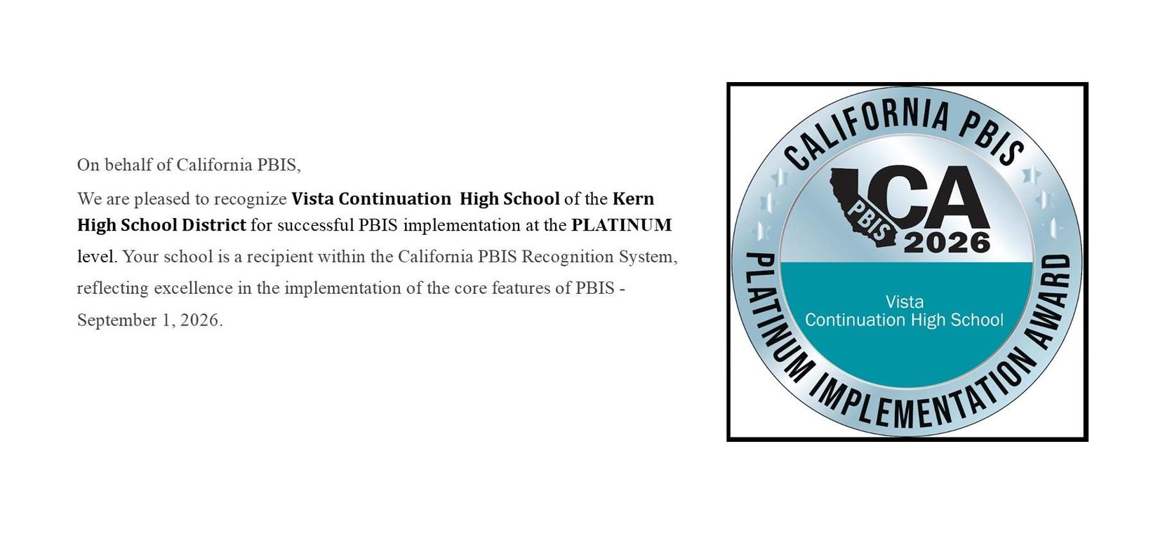 Certificate recognizing Vista Continuation High School for PBIS implementation.