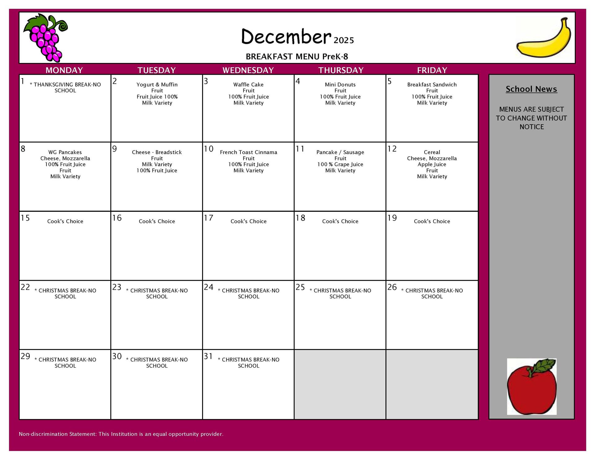 December Breakfast Menu PK-8
