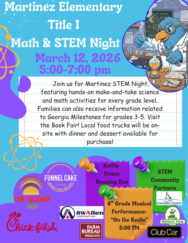 Event flyer for STEM Night at Martinez Elementary, featuring activities and food options.
