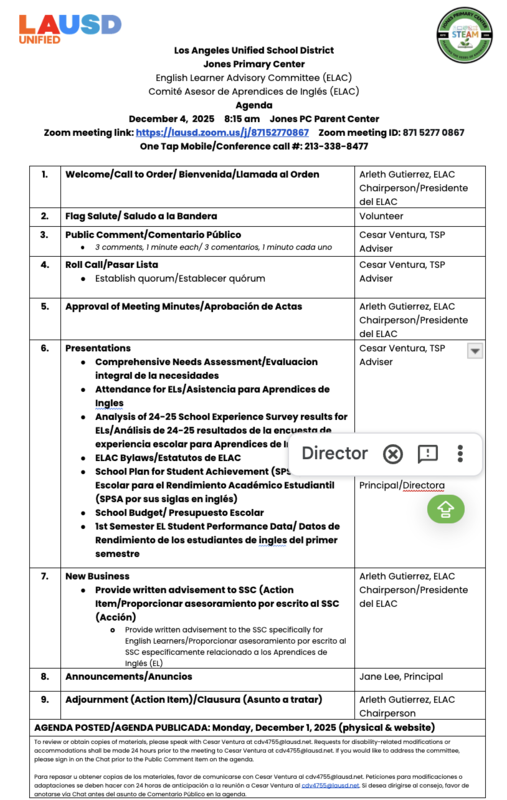 December 4, 2025 ELAC Agenda