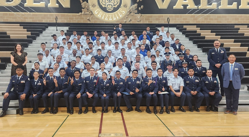 The Air Force  JROTC pose in the Golden Valley High School Gymnasium