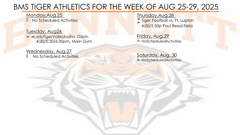 BMS TIGER ATHLETICS FOR THE WEEK OF AUG 25-29, 2025
