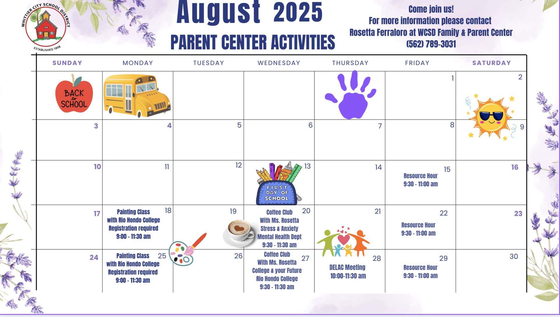August Parent Calendar of Events english
