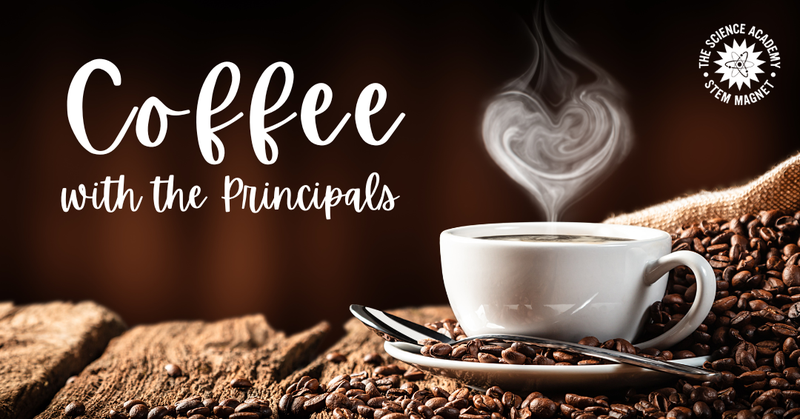 Coffee with the Principals flyer showing steaming coffee cup nestled in coffee beans.
