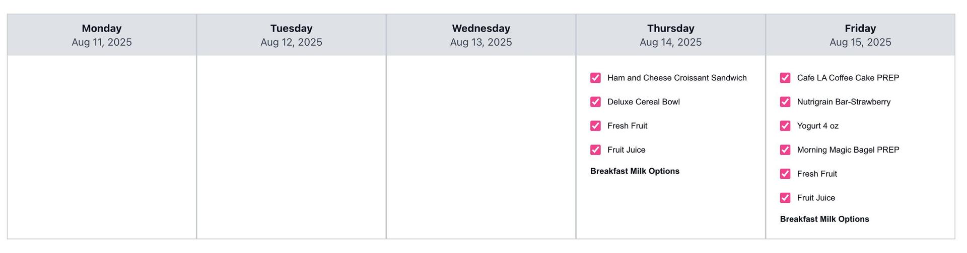 BIC Menu 8/14-8/15/2025