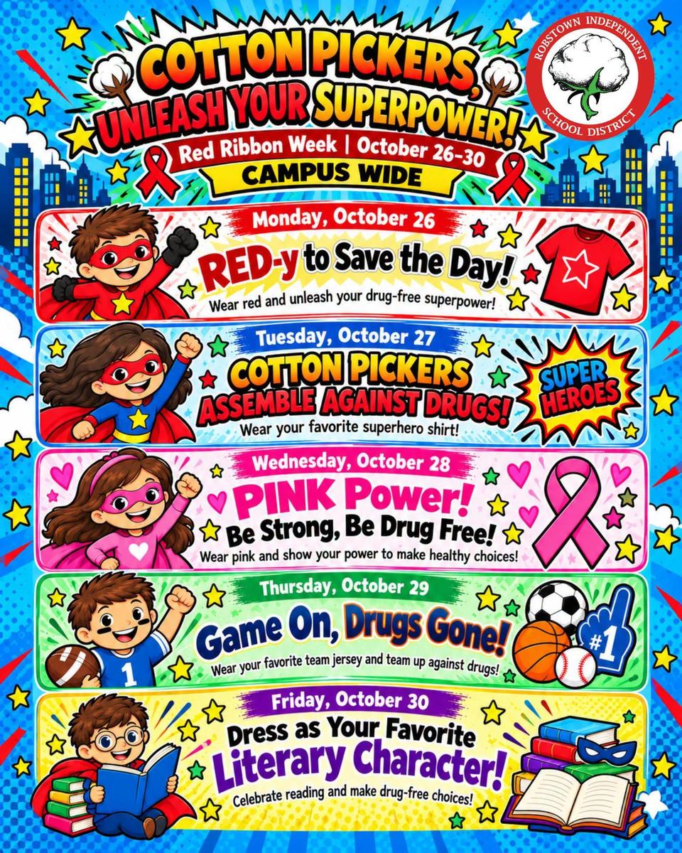 Colorful banner promoting Red Ribbon Week with superhero themes.