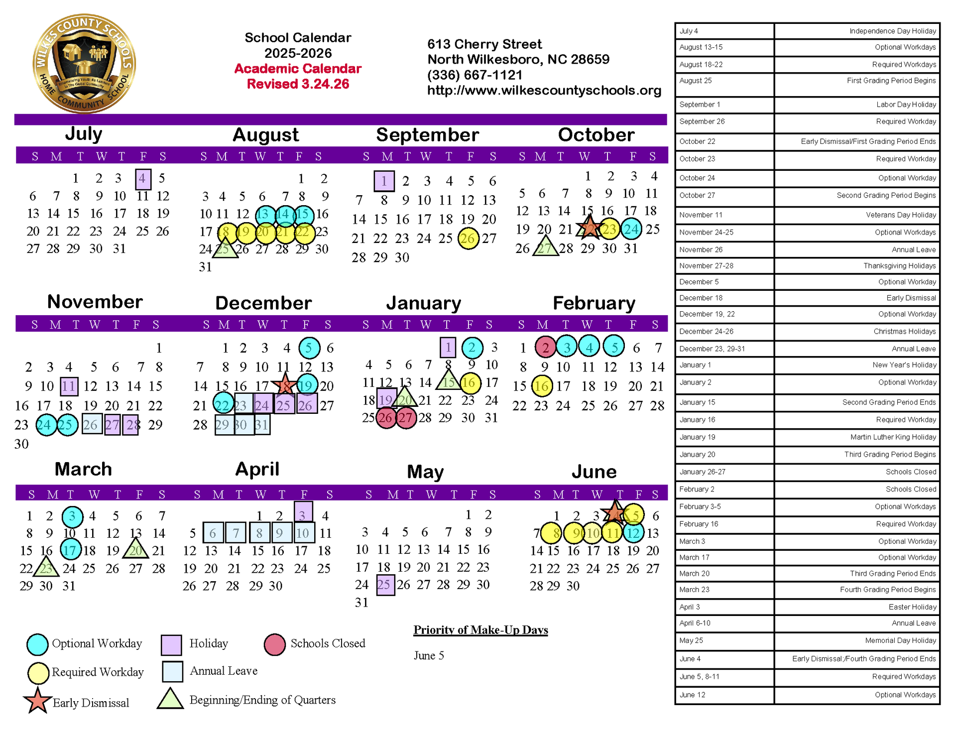 2025-2026 WCS Academic Calendar. Fully accessible text version is provided below.
