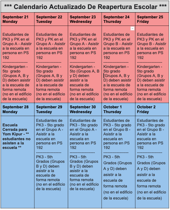 PS 192 Reopening Schedule in Spanish