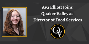 Image includes a headshot of a smiling woman with brown, curly hair. It also announces the hiring of Ava Elliott as QVSD Director of Food Services.