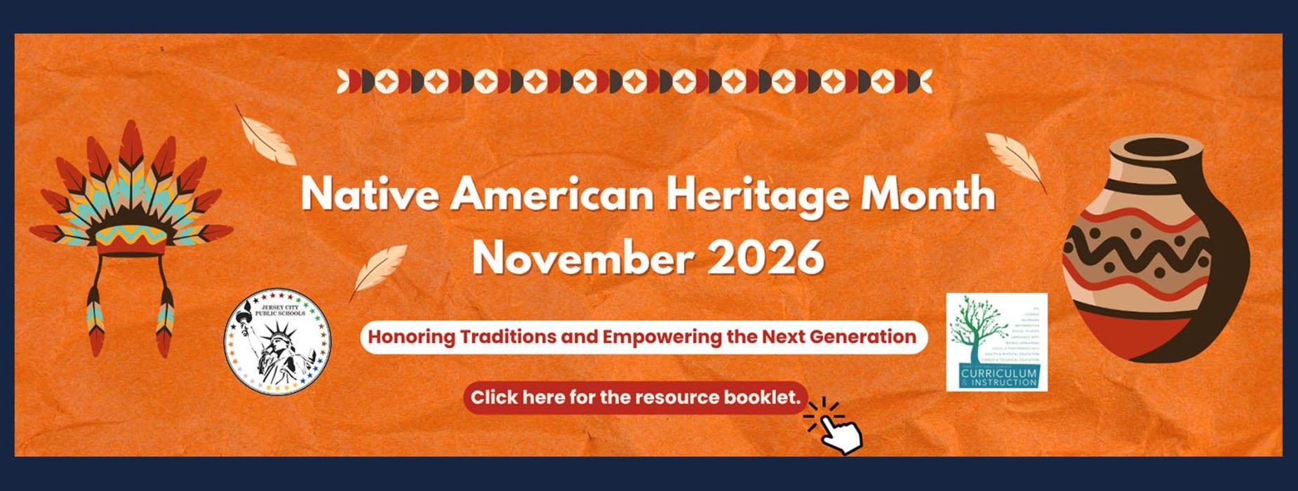 Colorful banner celebrating Native American Heritage Month with graphics and text.
