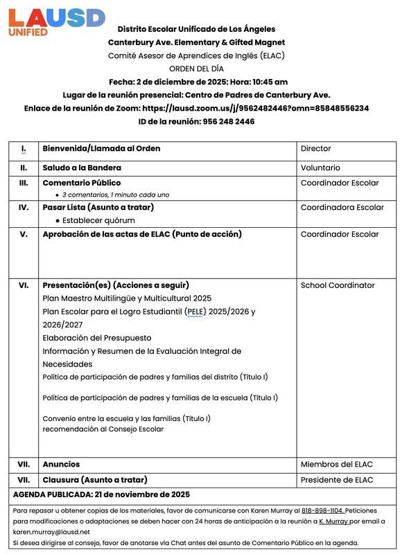 English Learner Advisory Committee (ELAC) 10:45 am