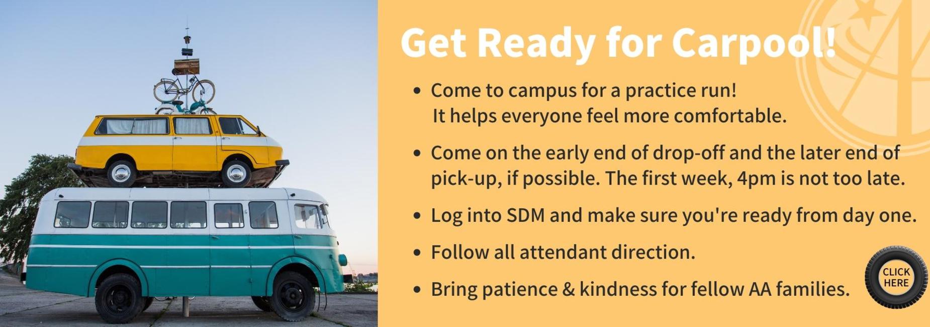 Text and graphics promoting carpooling with colorful vehicles stacked.