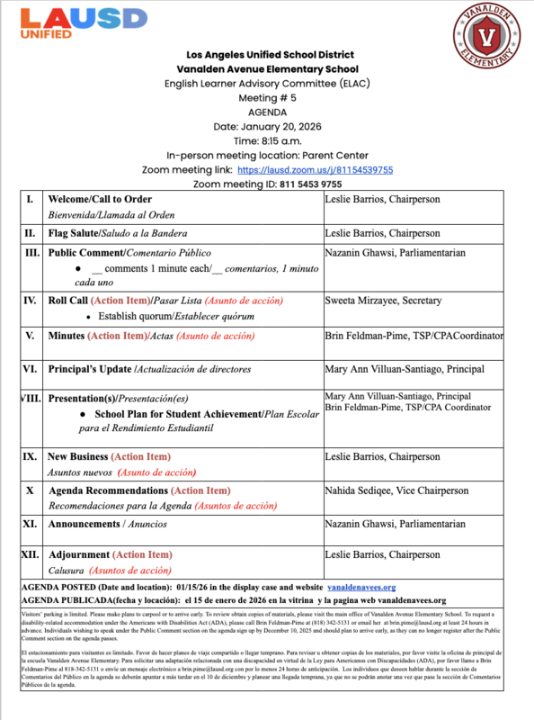 ELAC Agenda-January 20, 2026 Featured Photo