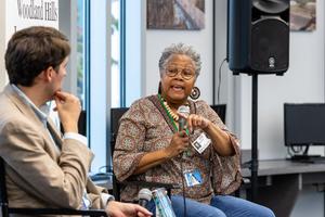 Sharon Flake answers a question from Kevin McGuire