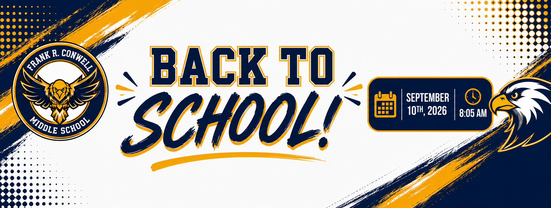 School banner with an eagle theme announcing 'Back to School' on September 10, 2026.