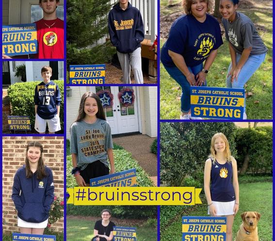 collage of students posing by Bruins Strong yard signs