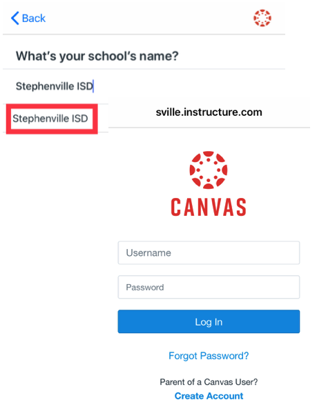 School Name Stephenville ISD and login window