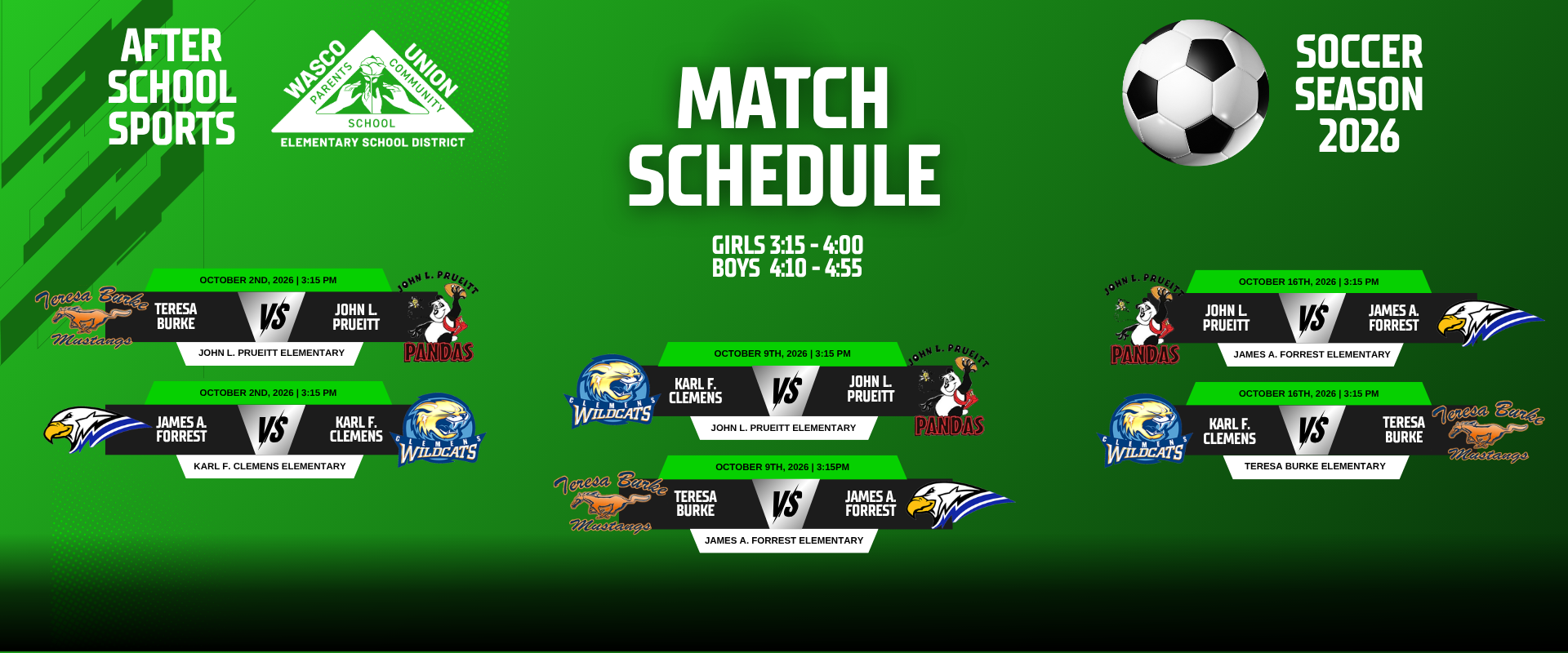 After School Sports Match Schedule for girls and boys soccer season 2026