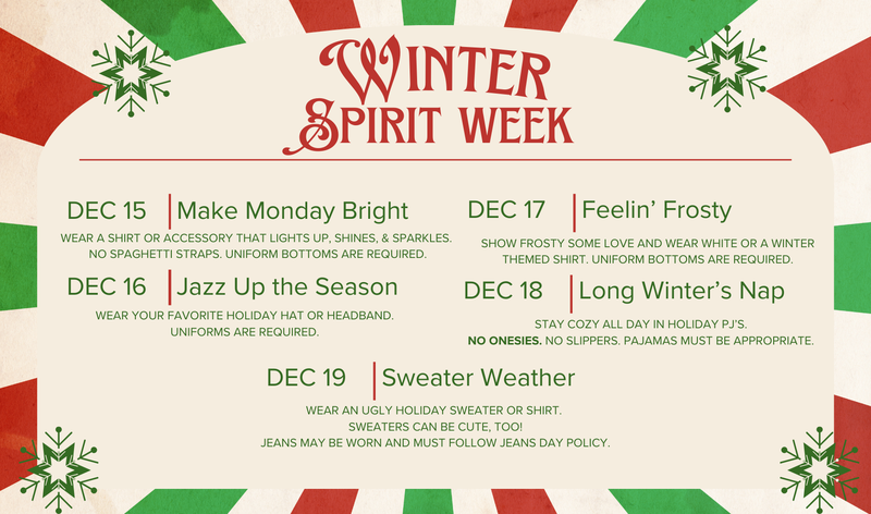 Colorful flyer with details about winter spirit days