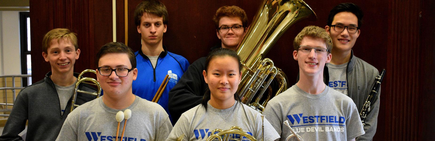 Westfield High School student musicians selected to perform this month in the Region II band and orchestra are (L-R front) Ian Gurland, Aprina Wang, Max Tennant. (L-R back) Conor Daly, David Criscuolo, Patrick Gallagher, and Alexander Cha.
