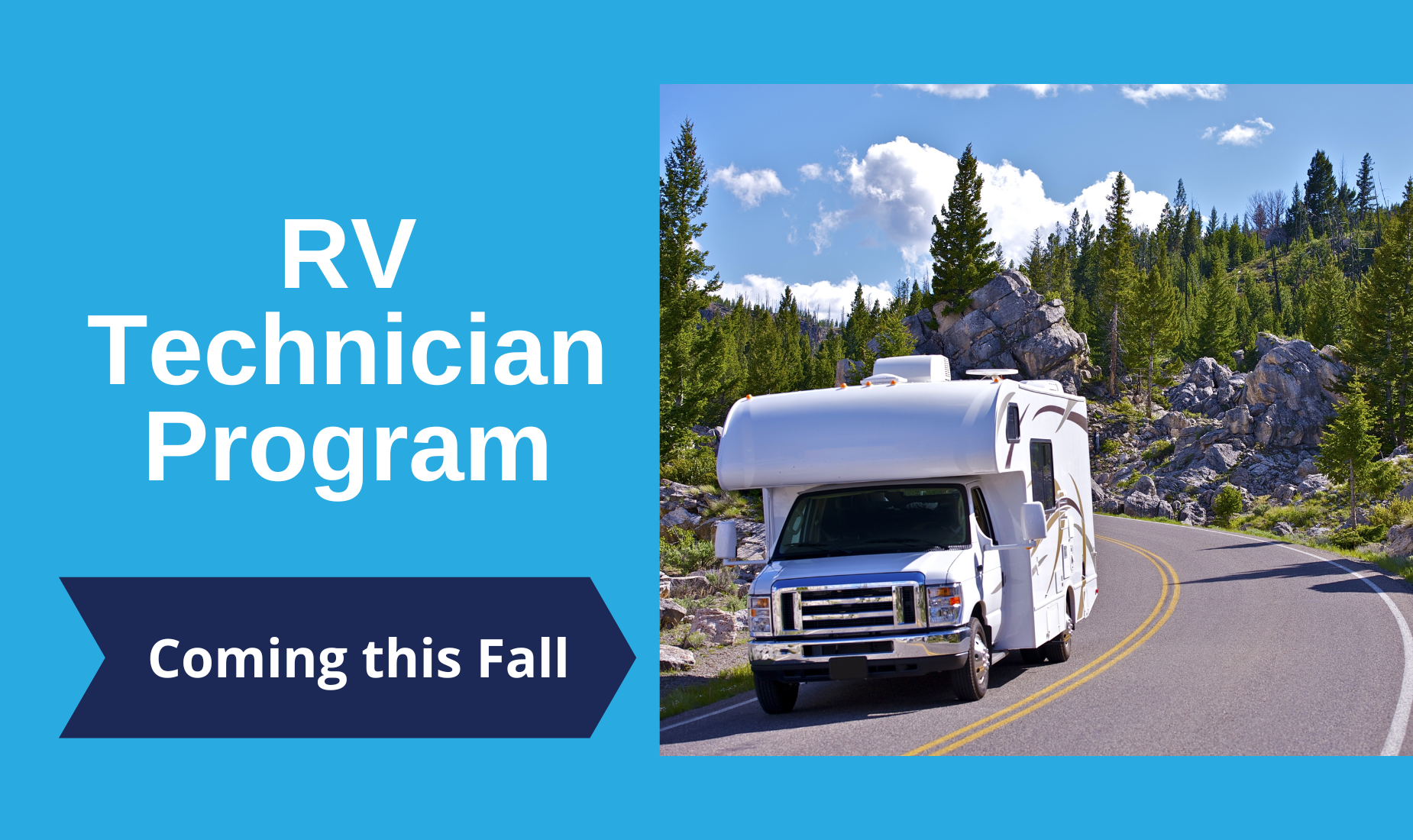 RV Technicians program announcement with scenic road and RV.