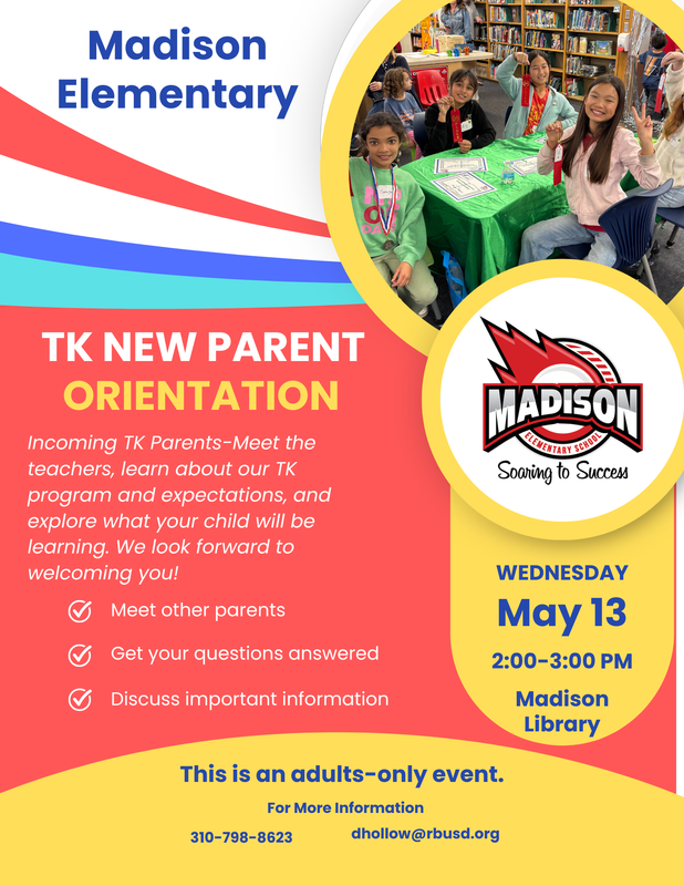 New TK Parent Orientation 5/13 from 2:00-3:00 in the Madison Library Featured Photo
