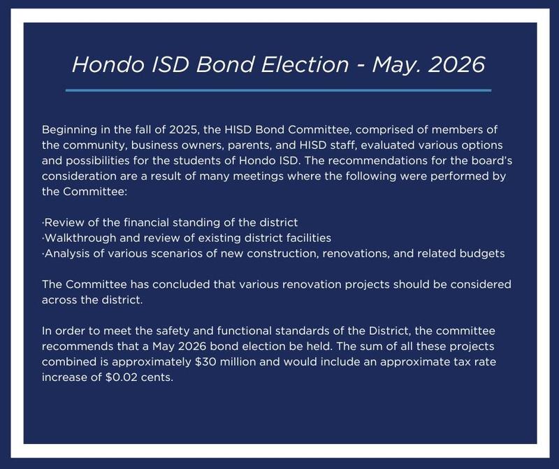 HondoISD Bond Committee recommends that a May 2026 bond election be held.
