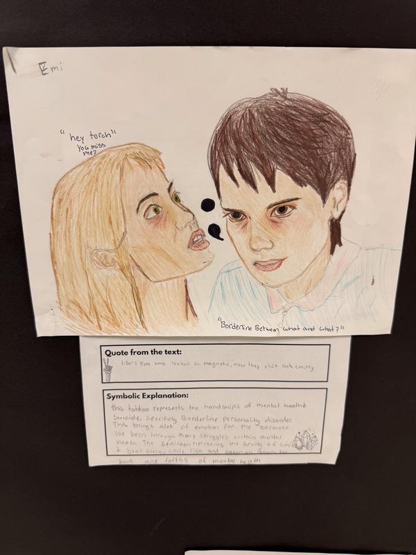 Tattoo design entry of a bold semicolon included a drawing of two characters from the book.