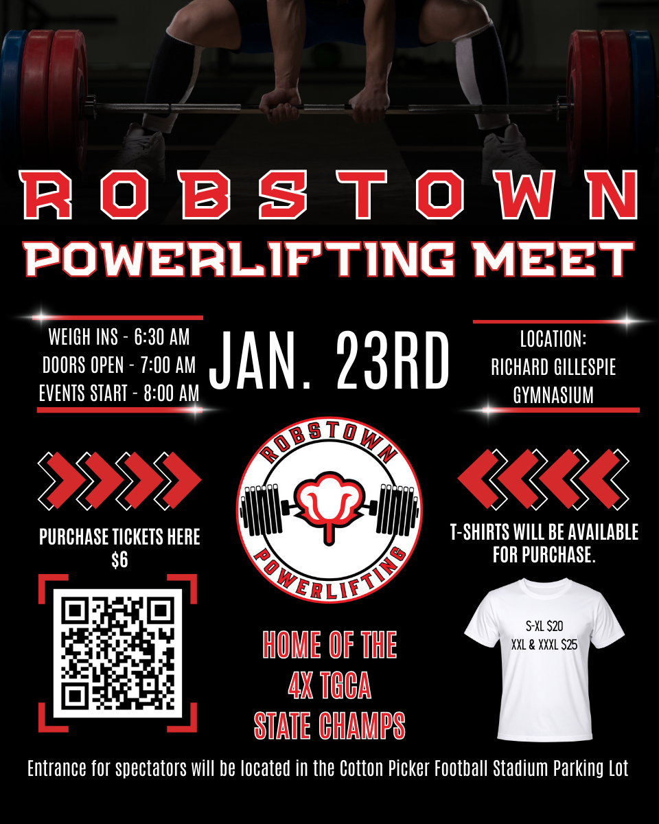 Event poster for Robstown Powerlifting Meet with details on timing and ticket purchase.