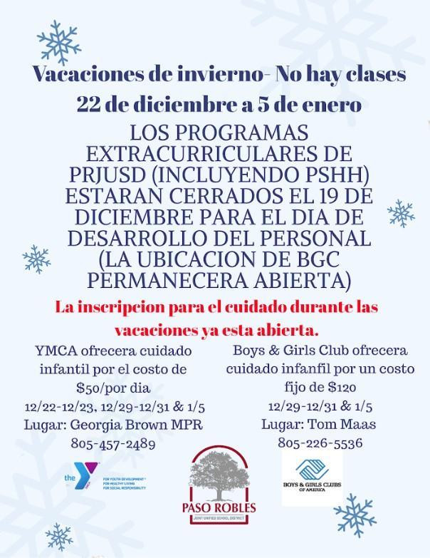 Vacaciones del Programa Despues de Clases