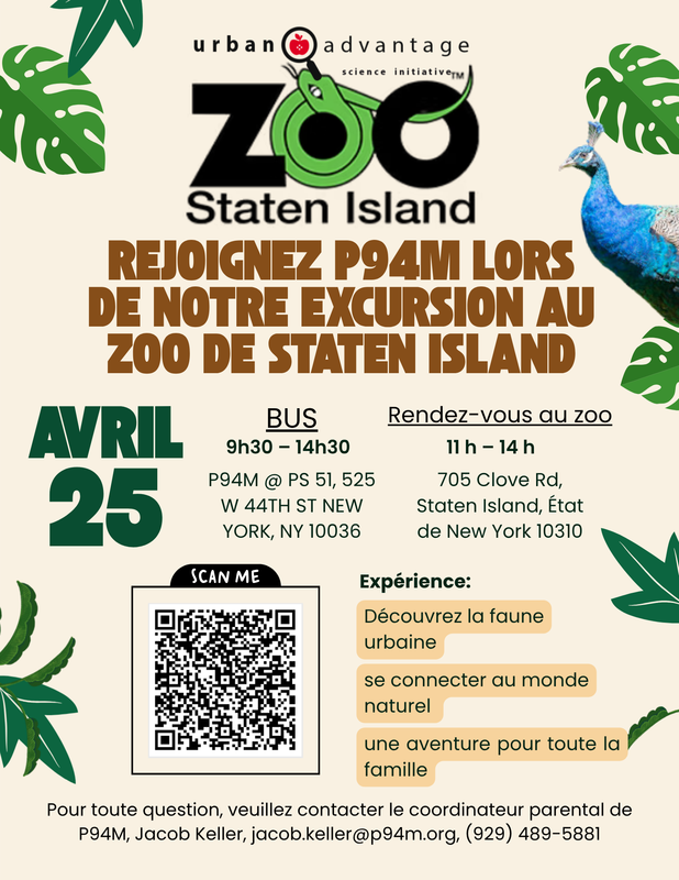 Flyer for P94M's trip to Staten Island Zoo with QR Code - French