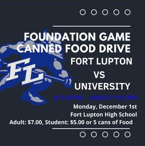 Fort Lupton Foundation Game Canned Food Drive Flyer
