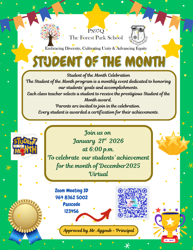 Colorful flyer announcing the Student of the Month celebration with details in English.