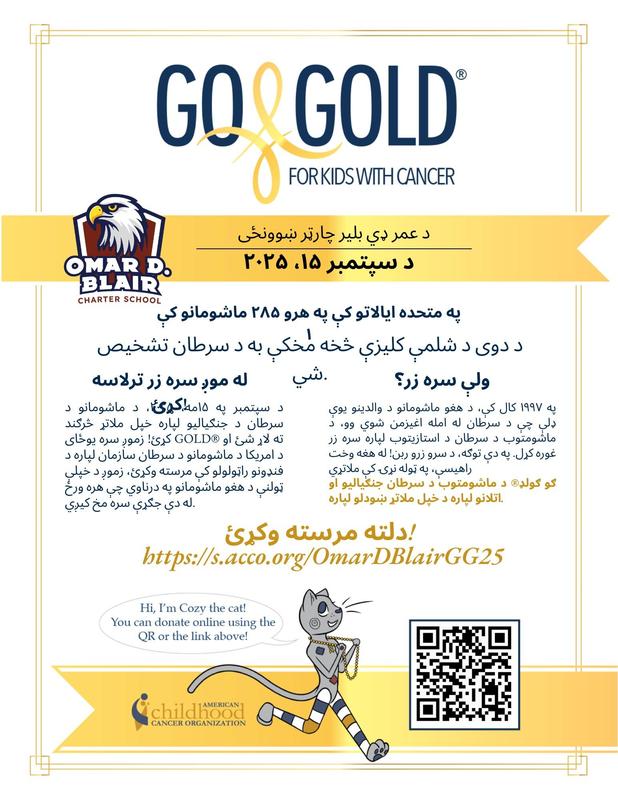 Go Gold campaign flyer in Pashto for childhood cancer awareness and support.