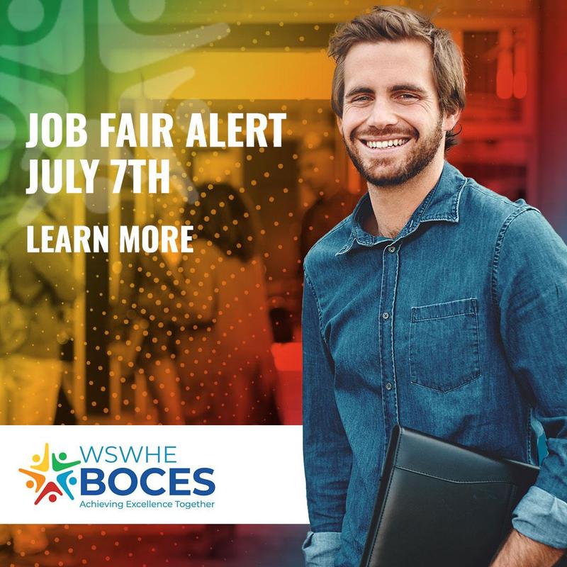 man in jean shirt with July 7 job fair on image