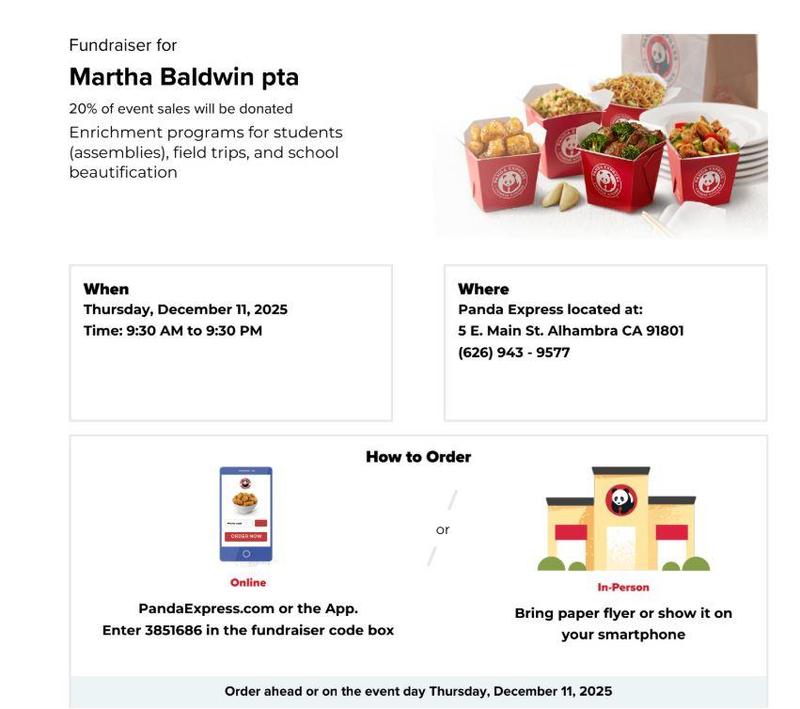 Baldwin PTA Panda Express Fundraiser - Thursday, Dec. 11th