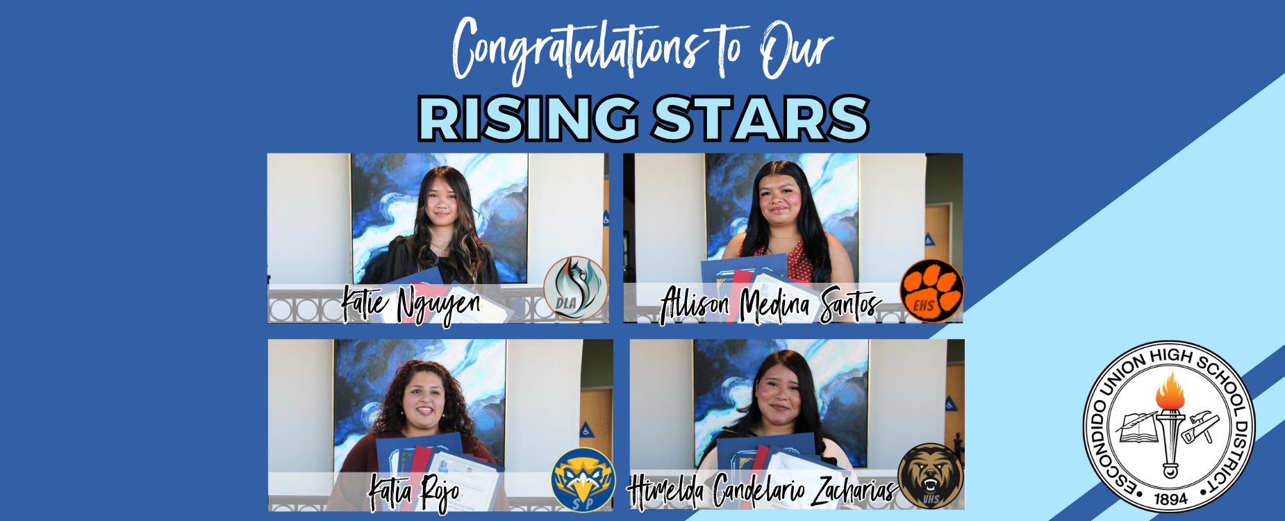 Four students are celebrated as rising stars against a blue background.