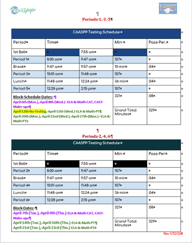 Emerson Testing Schedule starting Monday, April 6th (Block Schedule)