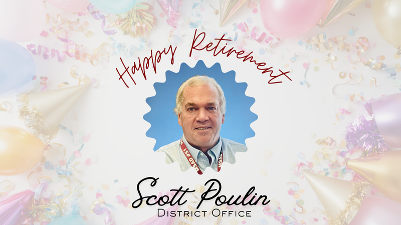 celebratory picture of Scott Poulin with balloons and confetti surrounding his head