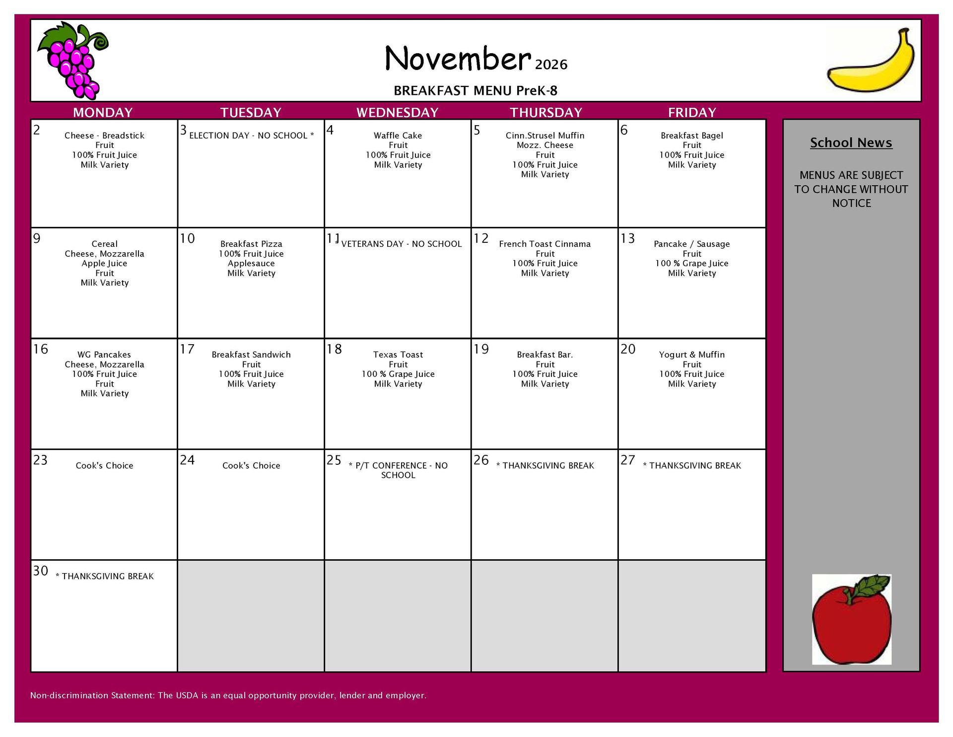 November Breakfast Menu Grades PK-8