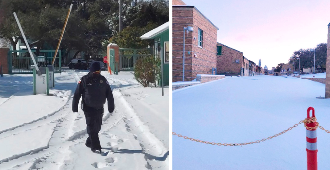 Two images showing the Texas School for the Deaf campus during the 2021 Texas Winter Storm. The left image features a security staff member walking through deep snow near the campus entrance, bundled in winter gear, demonstrating their dedication during harsh conditions. The right image shows a serene, snow-blanketed pathway between brick buildings under a pastel winter sky, capturing the storm's impact on the normally busy campus.