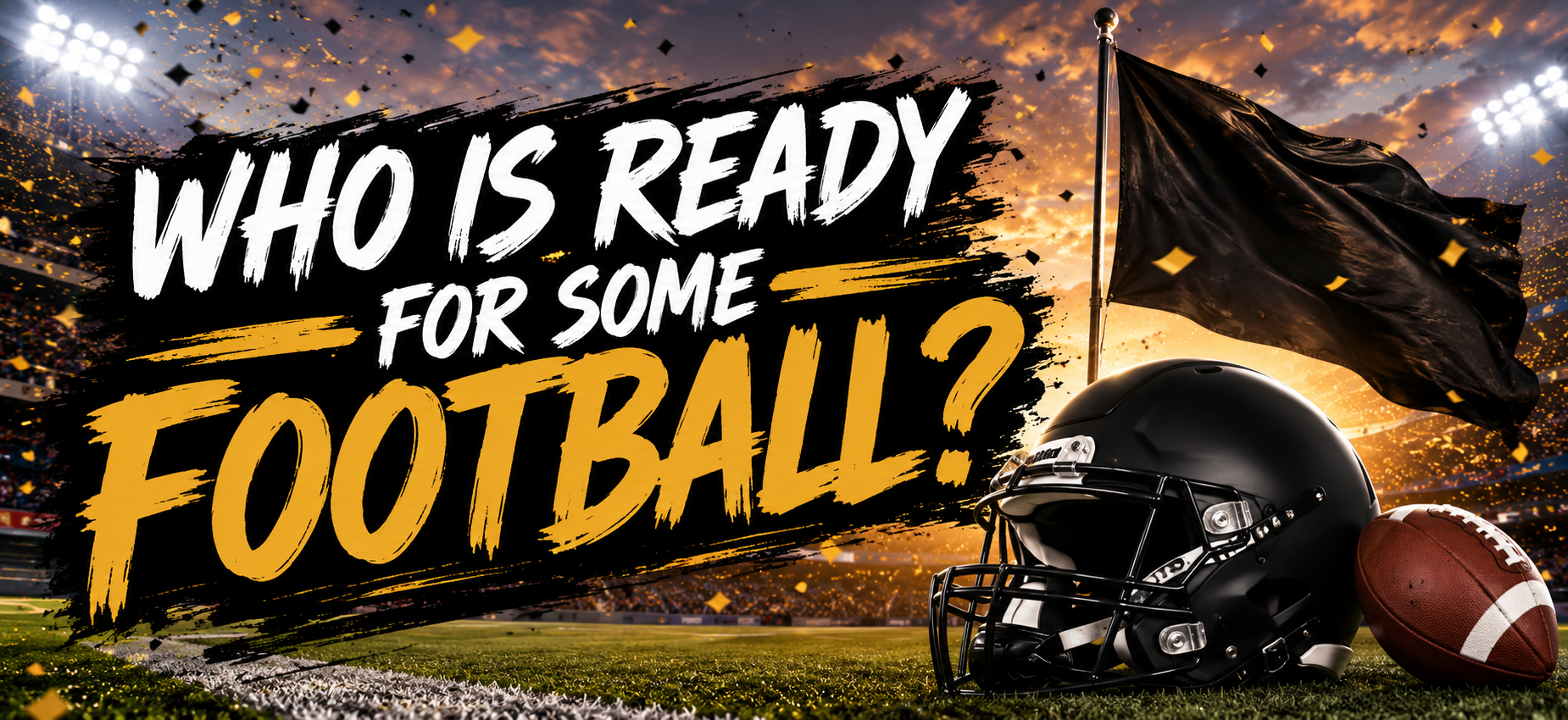 A football helmet and ball with a dramatic stadium background and bold text.