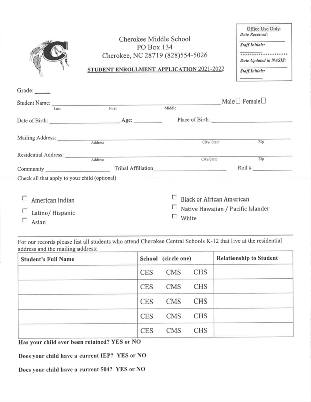 2021-2022 CMS Student Enrollment Packet